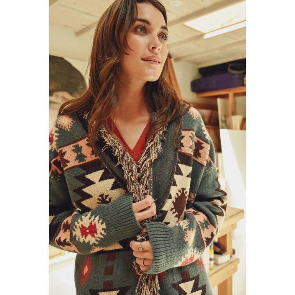 Sage Aztec Print Fringe Cardigan - Picture 6 of 6